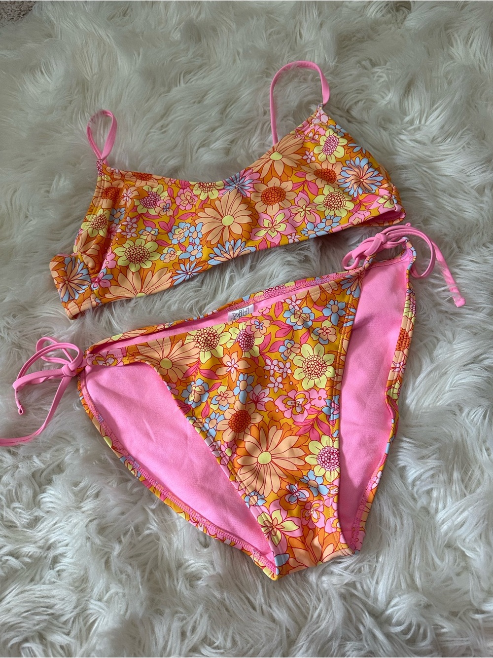 Wild Fable Pink and Yellow Floral Tie-String Bikini Set large 12-14